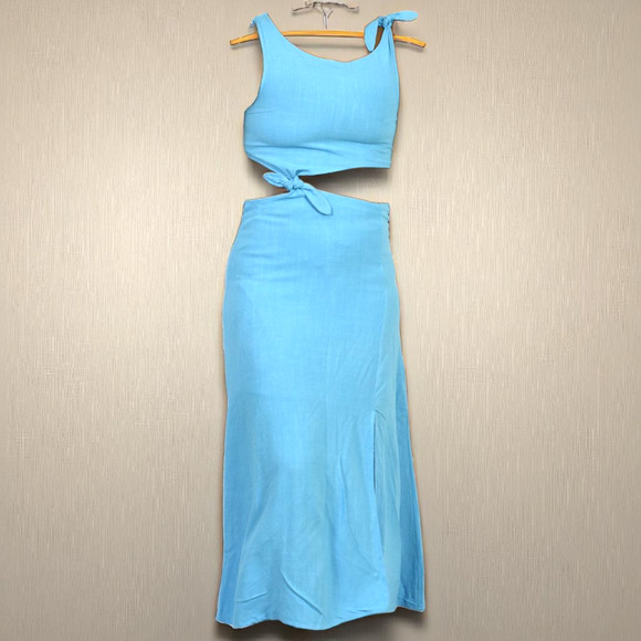 Sundays Tie Shoulder Midi Dress Blue Cutouts Midriff Hemp Slit Two Piece Small - Picture 8 of 12